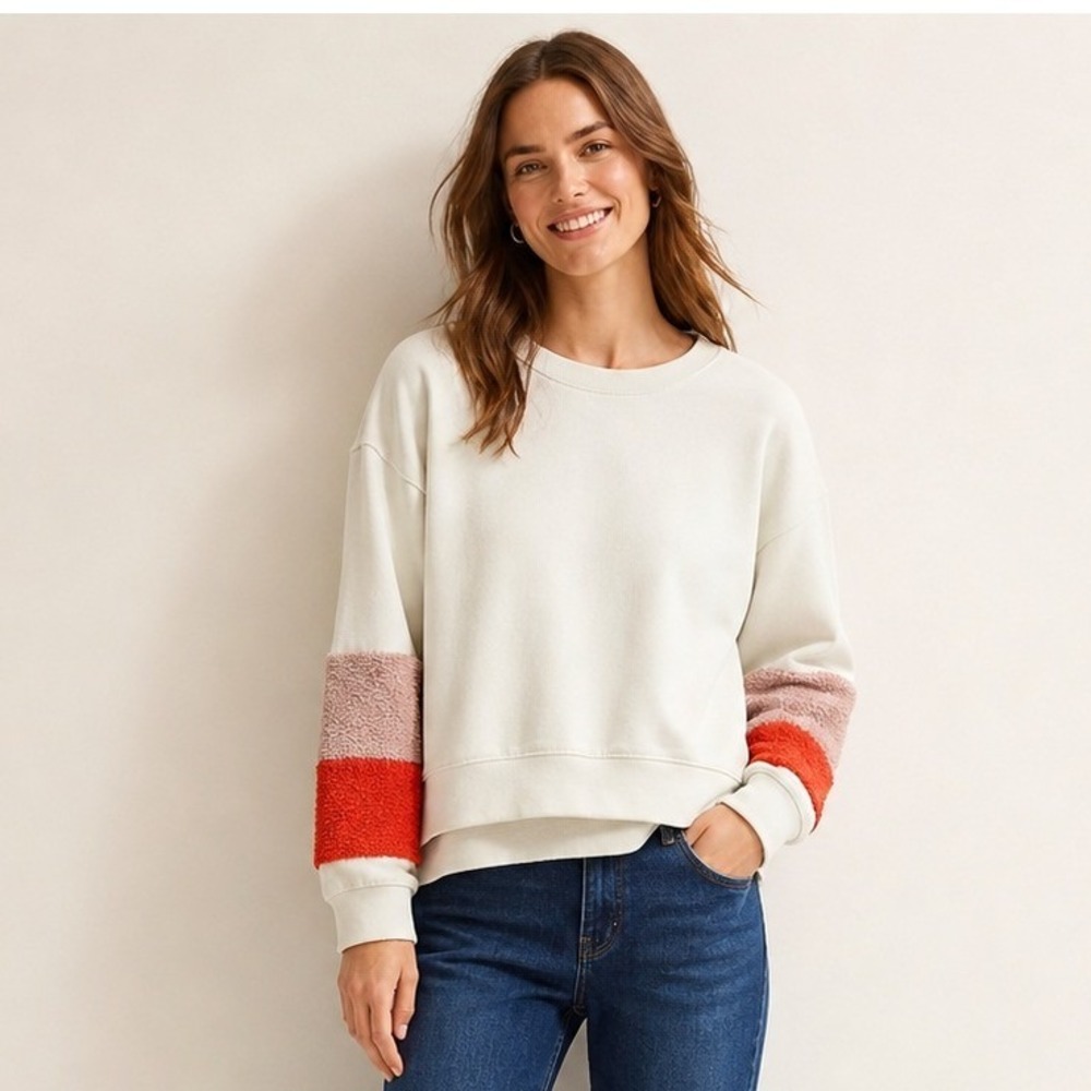 Boden Interest‎ Sweatshirt Womens S Cream Colorblock Borg Sleeve Cotton Pullover